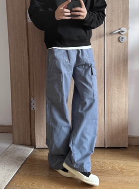 17DUP 美式复古珠帆布马丁伐木牛仔裤男女直筒阔腿多口袋工装裤