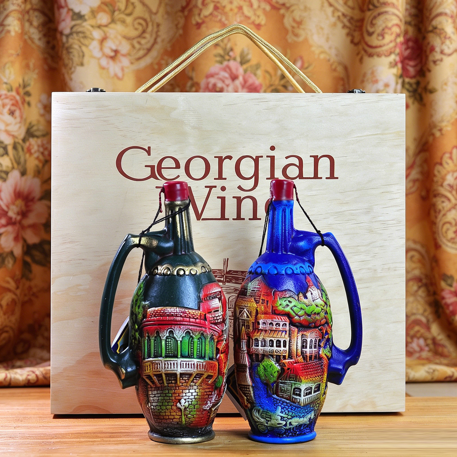 保真格鲁吉亚原瓶进口立体浮雕彩陶瓶1升干红葡萄酒聚会送礼摆饰