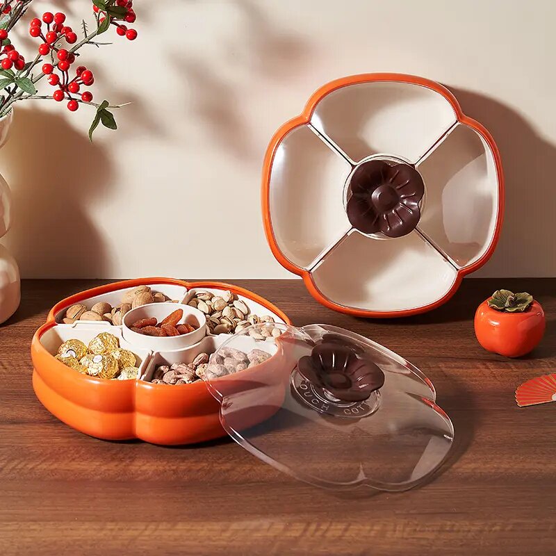 橱明星柿柿如意果盘家用大容量四分格带盖糖果盒坚果盒加厚零食盒