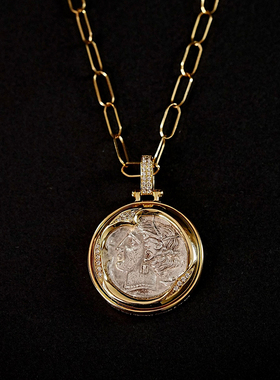 收藏级神颜水泽仙女迦太基半身马翻转古币吊坠18k厚金钻石吊坠