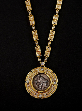 超级重磅宝家同款收藏级智慧女神雅典娜银币项链18k金满钻毛衣链