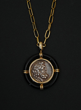 有生珠宝古希腊时期宙斯黑玛瑙古币翻转吊坠射手座守护神18k吊坠