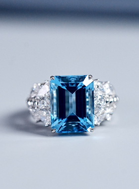 【圣玛利亚色】超级精美高品质祖母绿切海蓝宝戒指大钻石点缀戒指