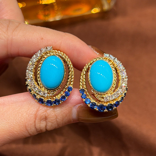 有生珠宝原矿睡美人绿松石耳钉蓝宝石钻石18k厚金复古绿松石耳钉