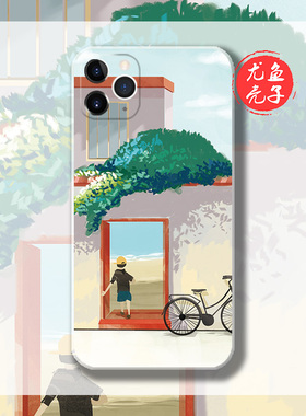 创意手绘海滩城市插画适用于苹果13荣60P50荣耀60三星S21手机壳