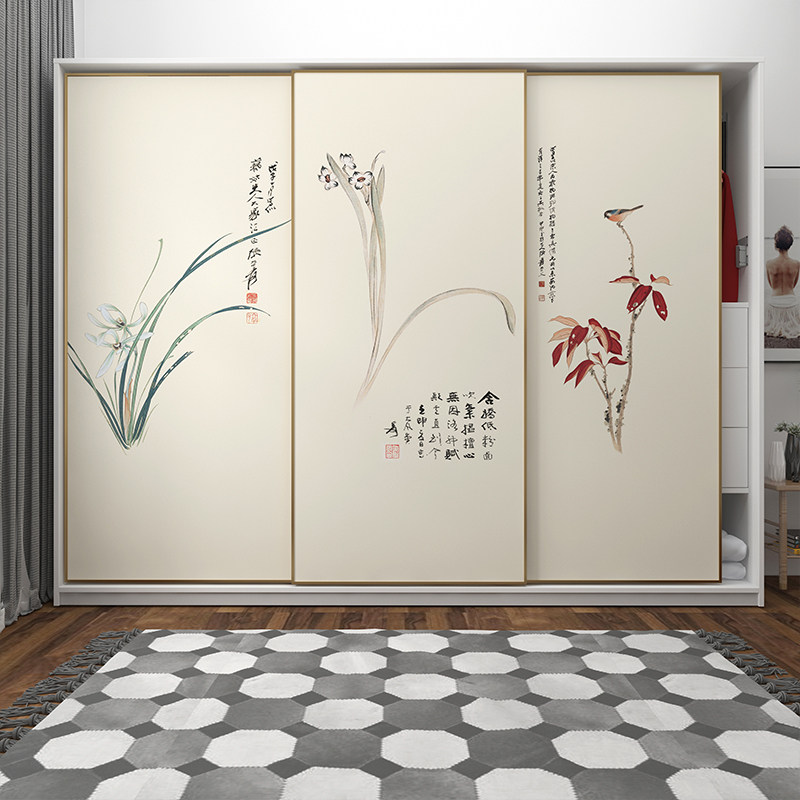 中式高端花鸟兰花图卧室衣柜自粘贴纸推拉门翻新改造防水防潮墙贴