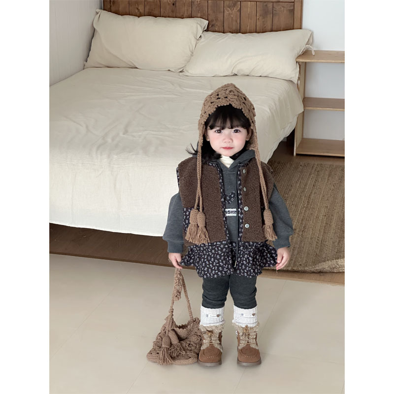 织里秋冬季童装女童韩版森系碎花拼接加绒卫衣裙皮毛一体马甲