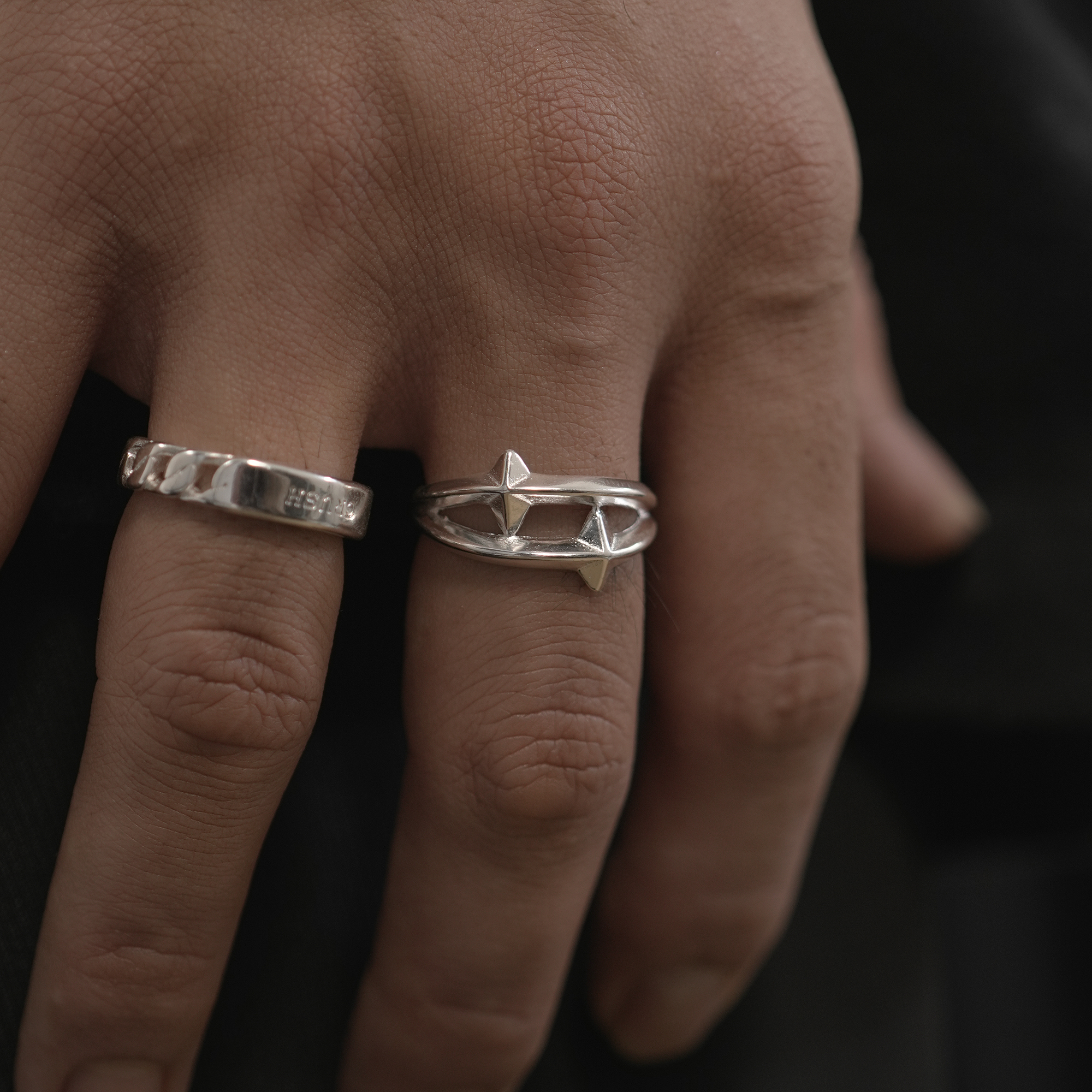 双芒星高级感亮银食指戒指男女生