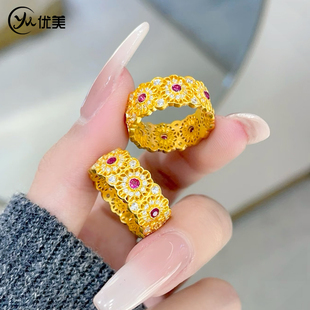 金店同款沙金红宝石玫红点钻镂空玫瑰花窗戒指小众设计轻奢指环