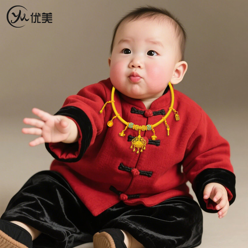 古法沙金镂空健康快乐平安锁锦衣玉食婴儿挂坠麒麟黄项圈道具送礼