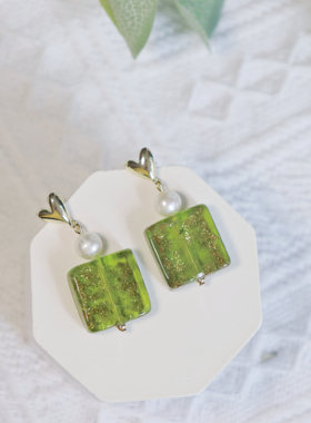 吉光原创【下雨的垦丁】天然淡水珍珠耳钉绿色琉璃小清新ins个性