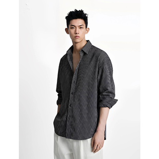 2026春夏秋男士条纹衬衫翻领长袖暗褶阔版落肩上衣商务高端外套男