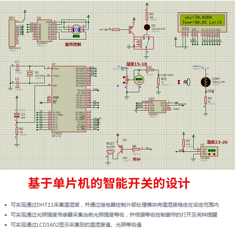 基于单片机的智能开关控制窗帘设计+Proteus仿真光照强度温度闹钟 电子元器件市场 微处理器/微控制器/单片机 原图主图