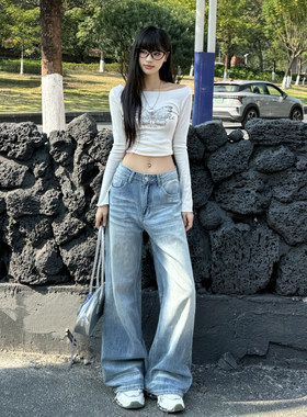 弄格浅蓝色牛仔裤女夏季2025新款水洗设计感拖地阔腿宽松直筒裤子