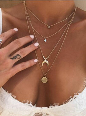 欧美多层月亮圆片流行吊坠项链