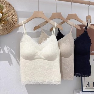 法式蕾丝吊带带胸垫女内搭磨毛无痕吊带美背背心外穿背心带胸垫女
