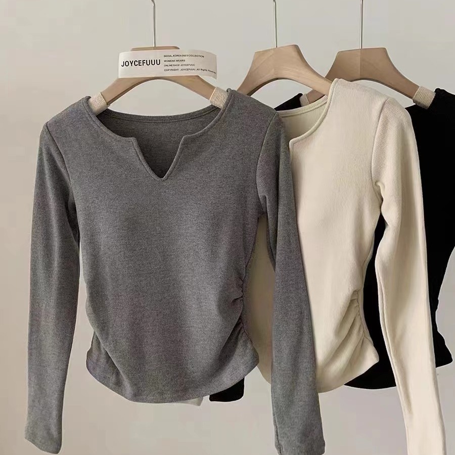 新款89001#磨毛长袖保暖上衣女舒适收腰V领带胸垫修身显瘦打底衫