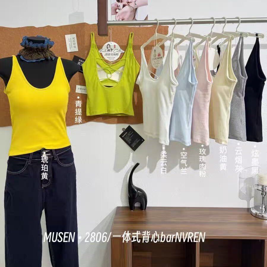 衣架款纯棉细螺纹系列精品一体式糖果色系后背交叉镂空吊带
