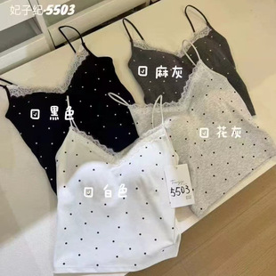 纯欲波点蕾丝吊带背心带胸垫法式 白色内搭显瘦miu系外穿上衣