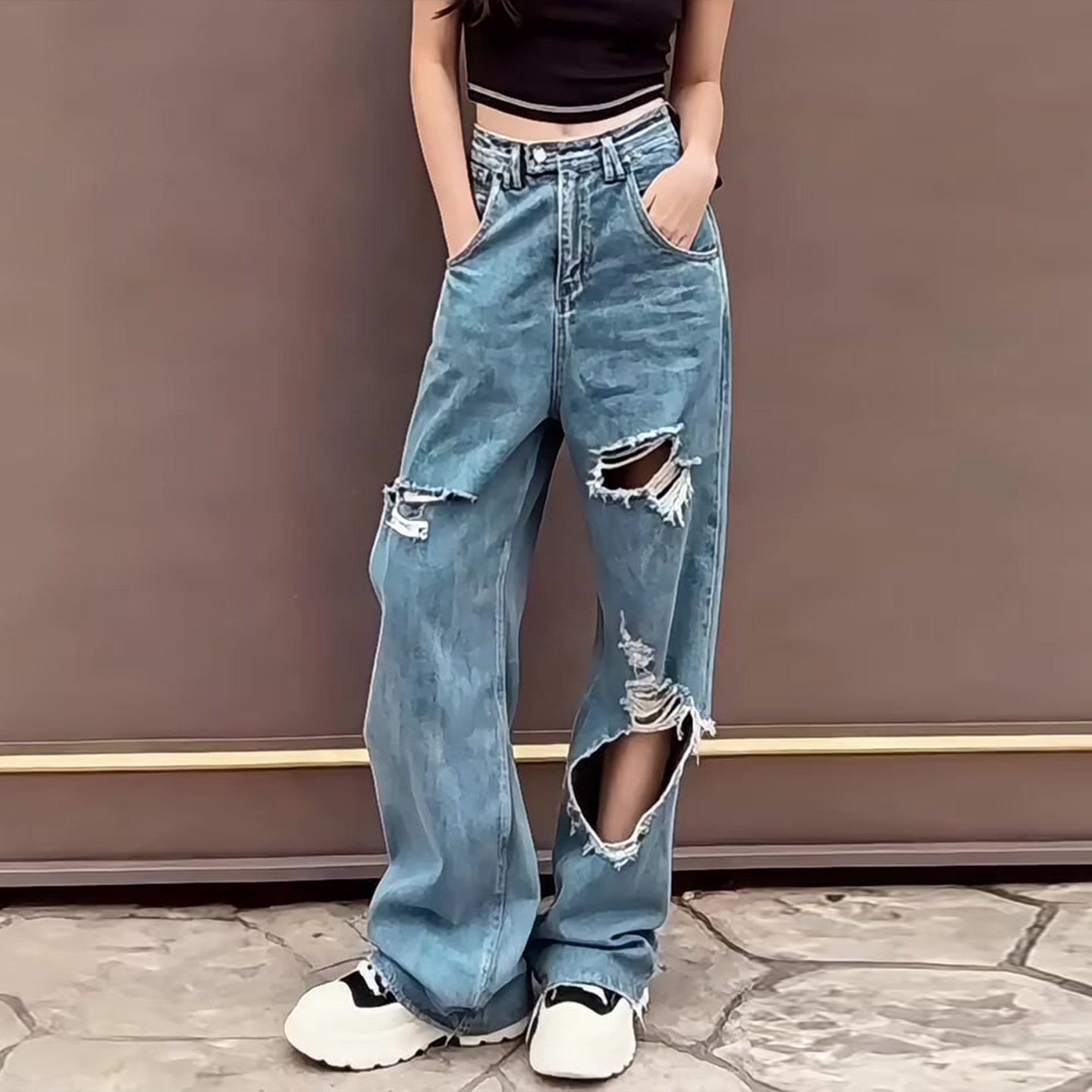 美式高腰破洞牛仔裤女夏季新款宽松直筒裤浅蓝色修身做旧微弹薄款