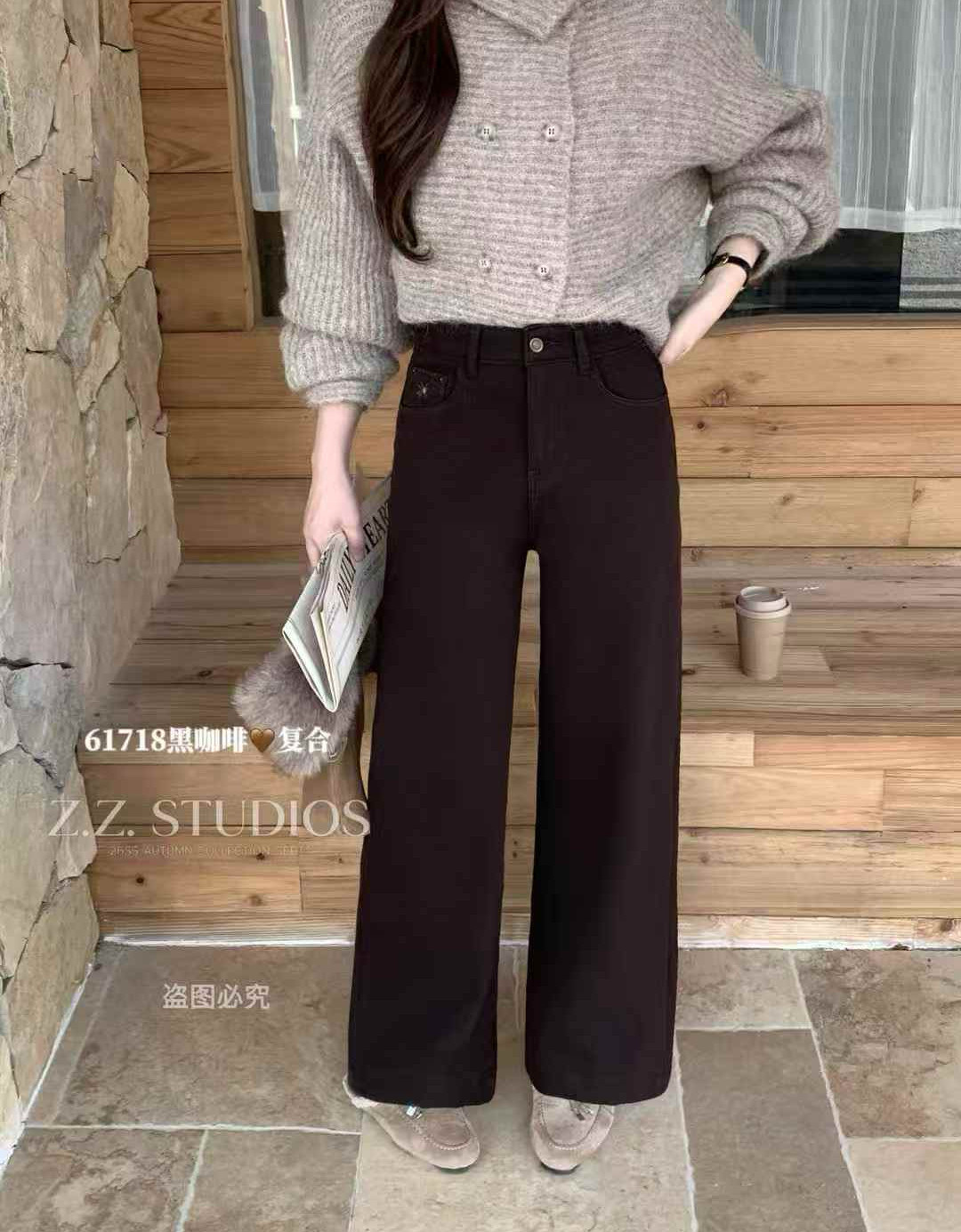 冬季FASHION JEANS芭度玄风61718牛仔裤女厚绒直筒刺绣花朵筷子裤