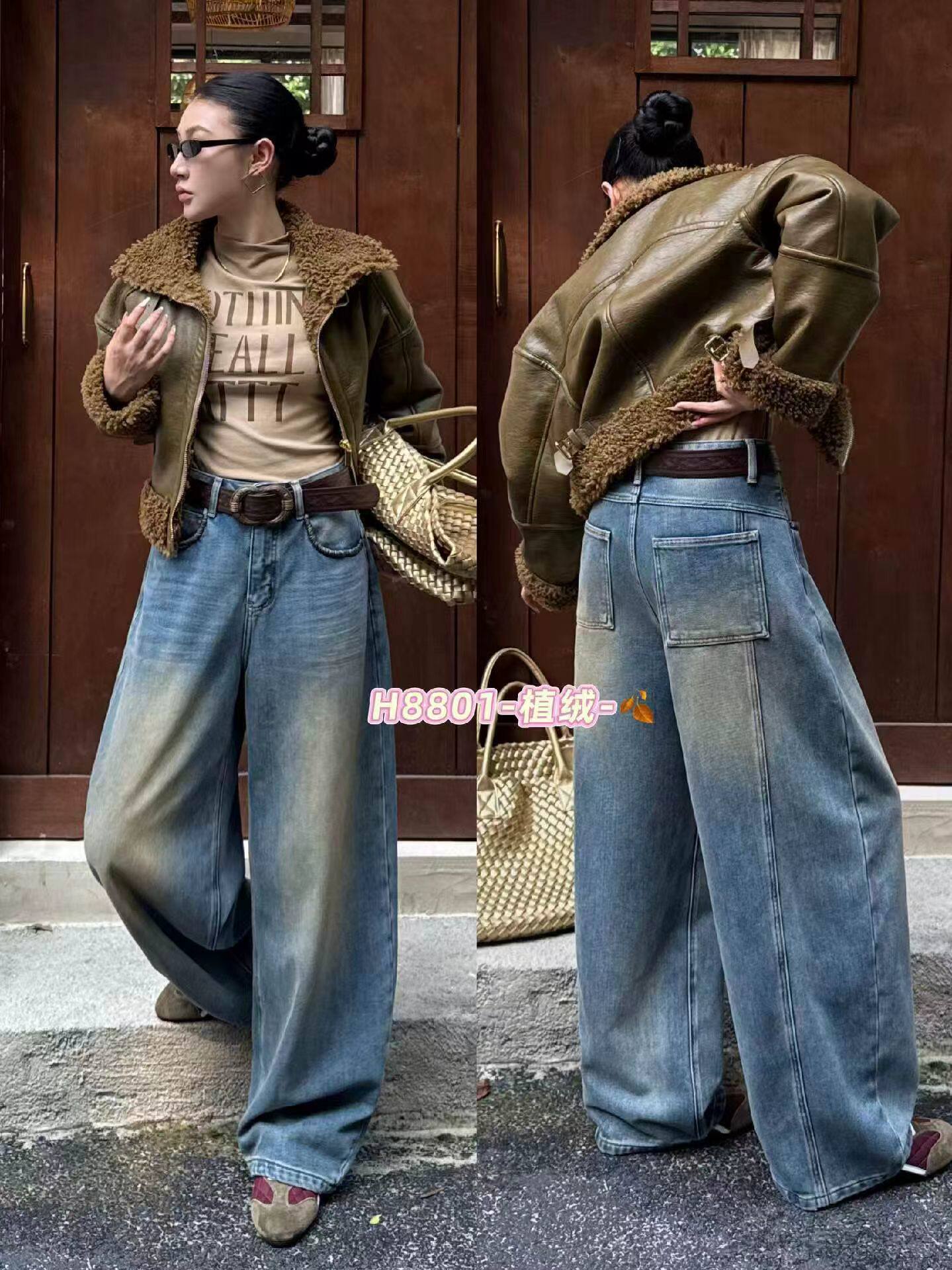 2026秋冬FASHION JEANS采丫8801植绒牛仔裤女高腰显瘦浅蓝弯刀裤