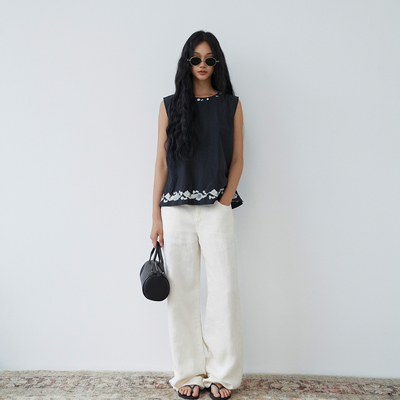 ABow亚麻水洗低腰直筒牛仔裤