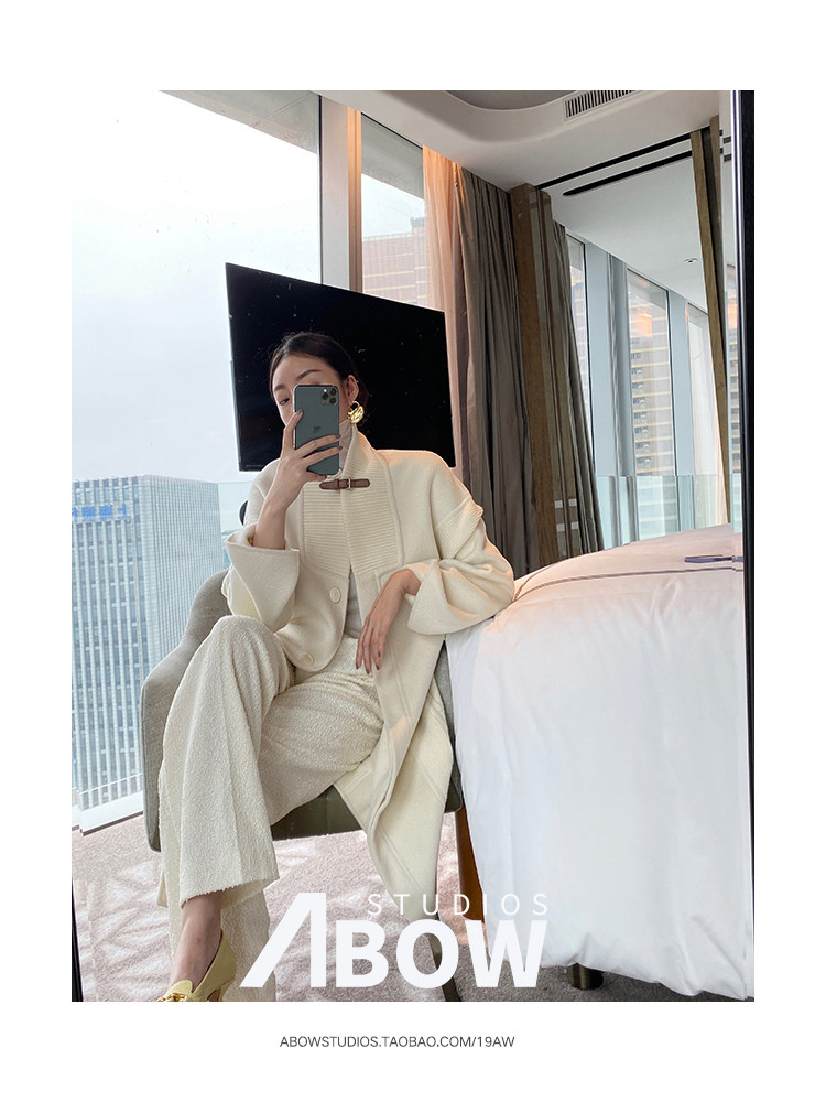 Abow| H家专属特种针梭套口舒适拼接羊绒混纺/水波纹微茧型大衣