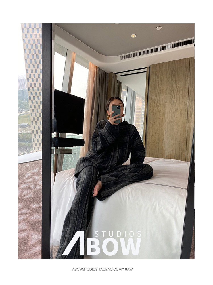 Abow提花机超大竖条纹貂绒毛衣