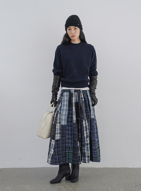 A Bow 2025|「秋」100棉重磅苏格兰复古错位格纹拼接抽绳百褶半裙