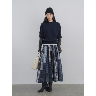「秋」100棉重磅苏格兰复古错位格纹拼接抽绳百褶半裙 2025 Bow
