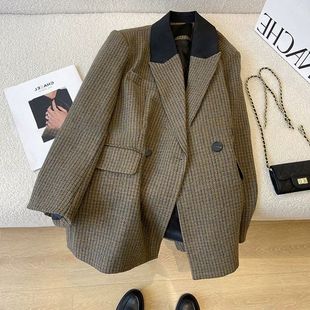 特大码 外套女胖MM秋冬宽松休闲西服上衣2 300斤高级感气质拼色西装