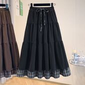 格子拼接半身裙女秋冬百搭遮肉中长款 胖mm大码 300斤法式 a字蛋糕裙
