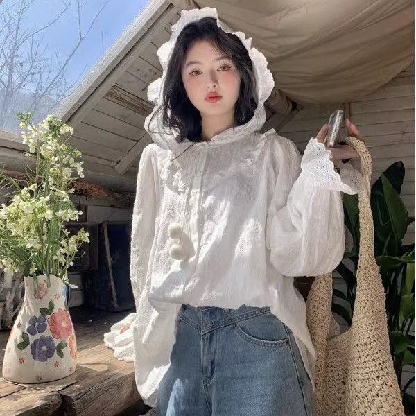 特大码300斤法式气质连帽长袖衬衫女胖M春秋新款宽松显瘦打底上衣