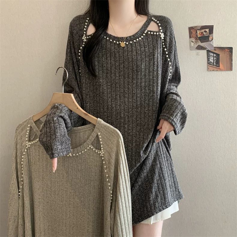 300斤大码重工钉珠宽松中长款长袖上衣女春秋简约休闲纯色打底衫