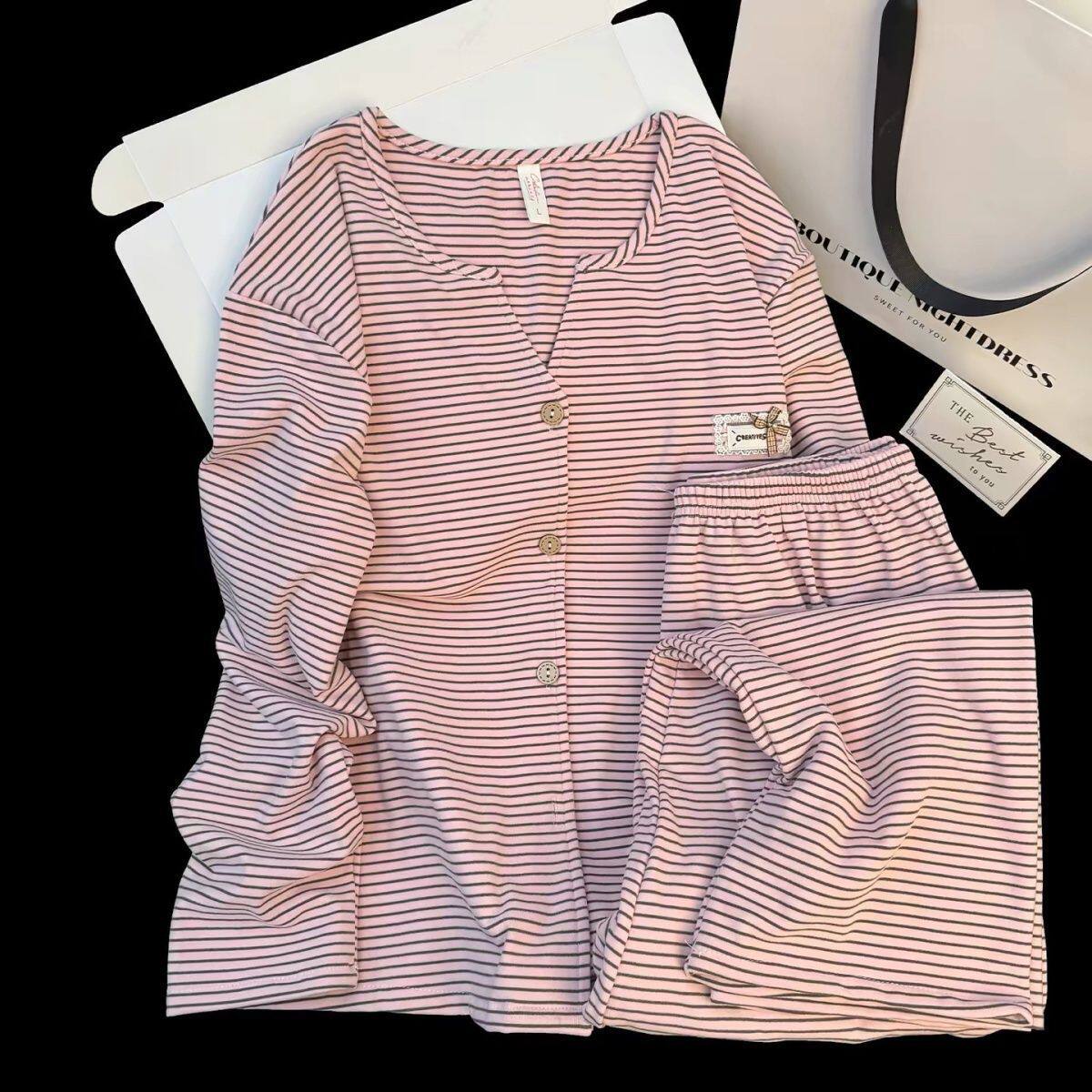 超大码300斤条纹V领开衫睡衣女秋季简约休闲软糯亲肤家居服两件套