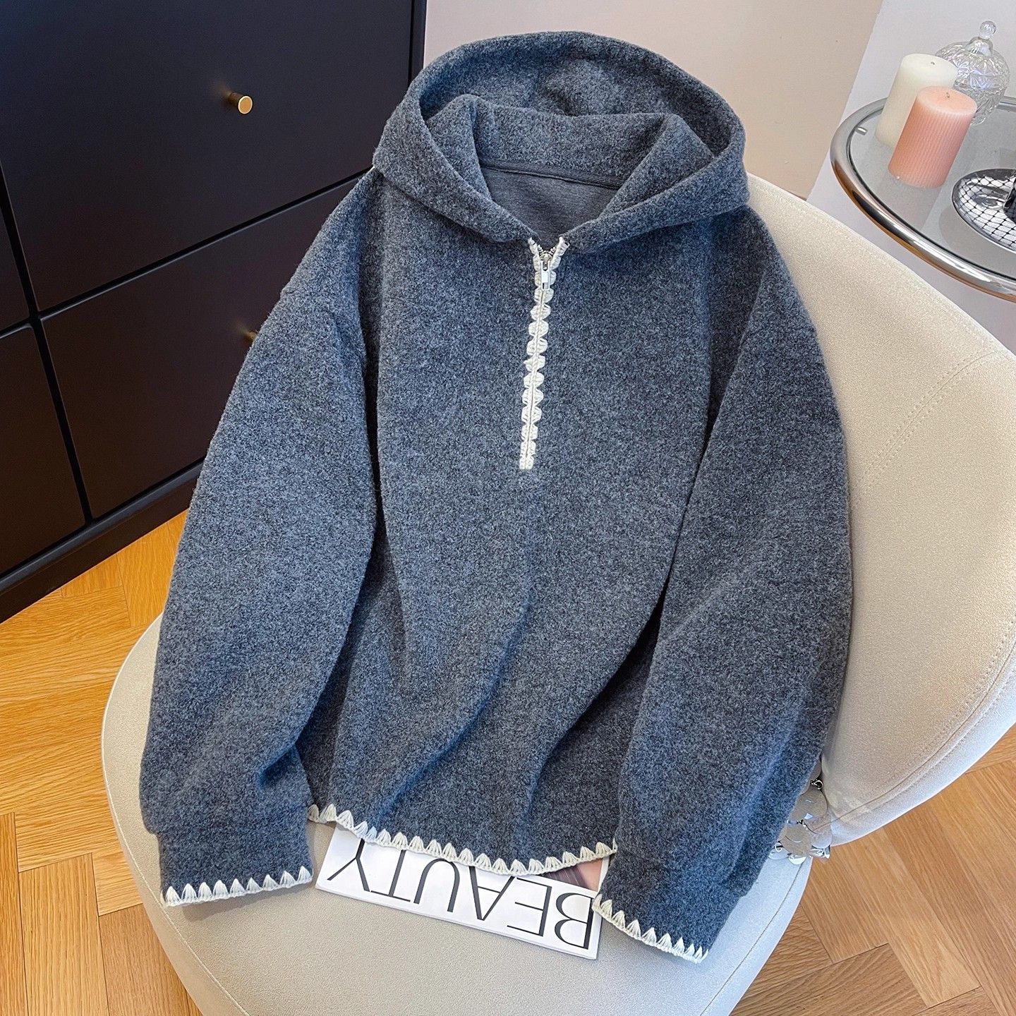 大码300斤气质高级灰连帽卫衣秋冬加绒加厚宽松洋气半拉链上衣潮