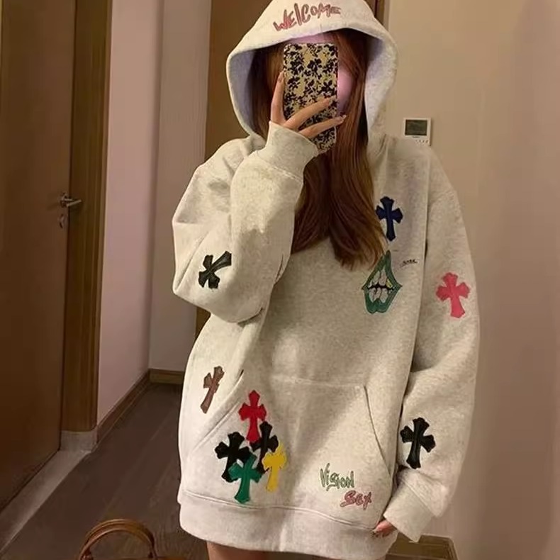 特大码300斤男女加绒加厚连帽卫衣秋冬彩色十字架慵懒宽松上衣潮