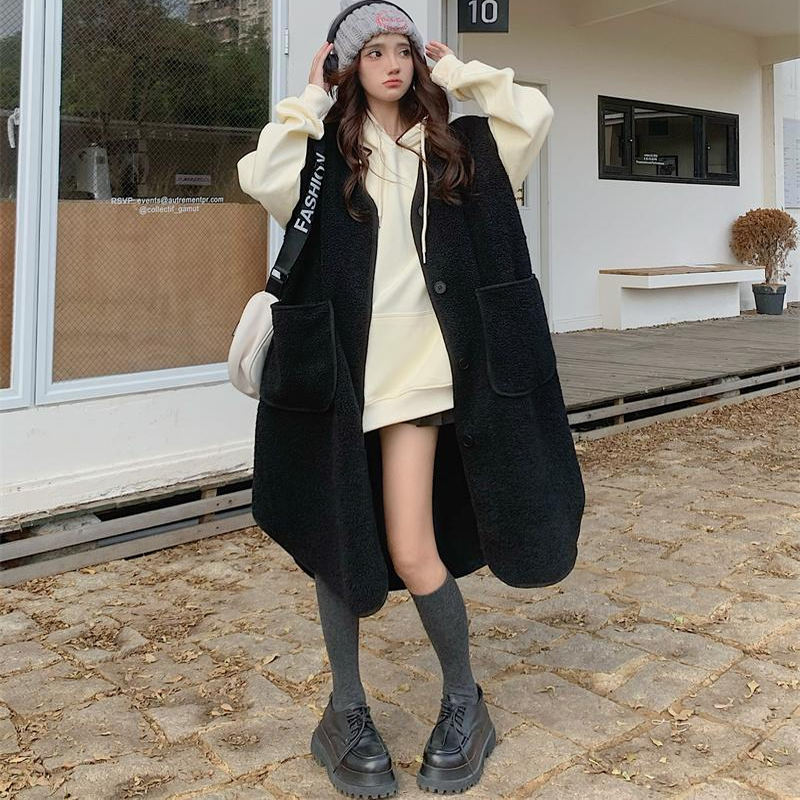 大码300斤设计感中长款羊羔毛外套女秋冬韩版宽松慵懒风马甲大衣