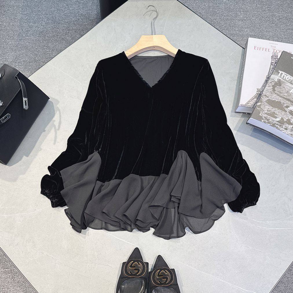 胖mm特大码300斤时尚洋气荷叶边长袖T恤女秋冬高级显瘦衬衫上衣女