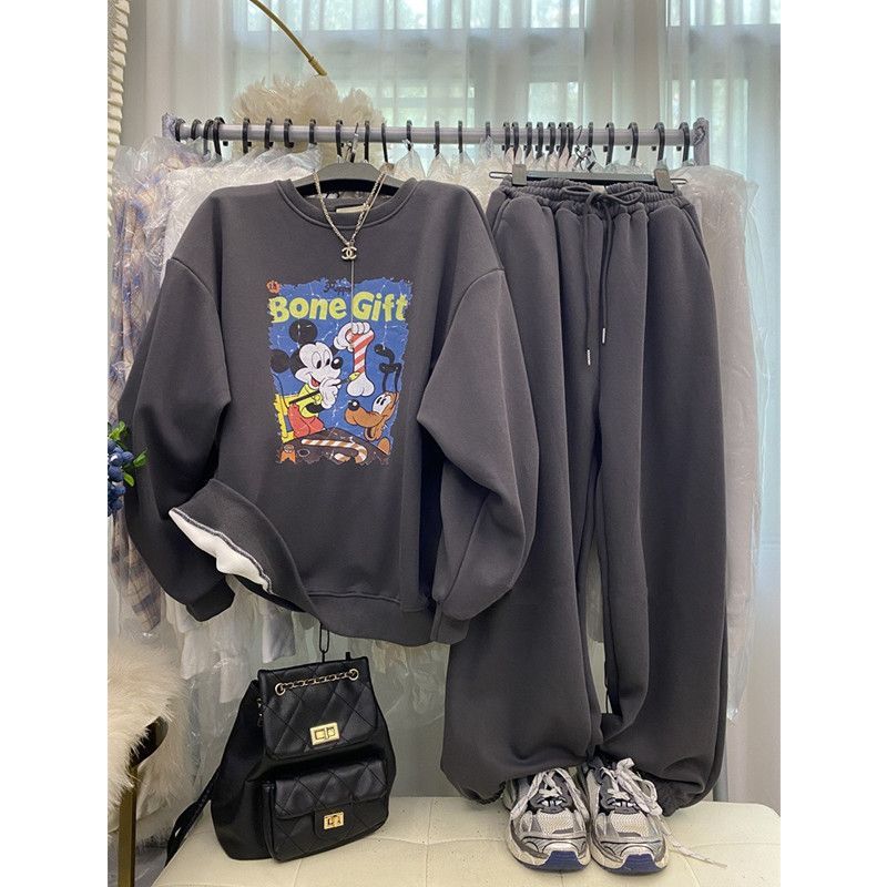 秋冬大码加绒加厚休闲米奇套装男女款300斤宽松卫衣阔腿裤两件套