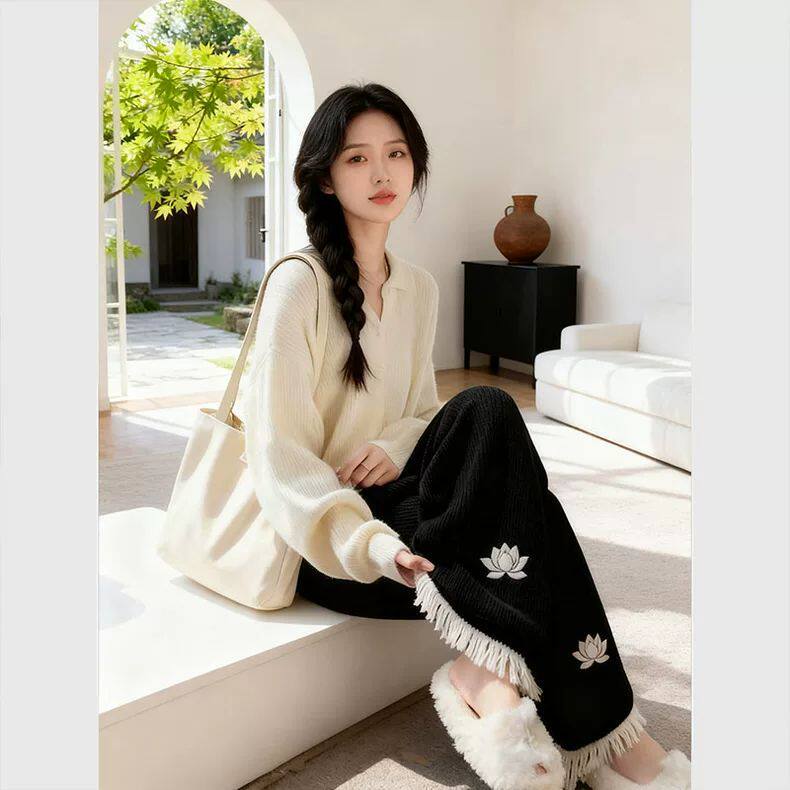 特大码300斤高级感刺绣流苏阔腿裤女秋冬加绒加厚高腰垂感直筒裤