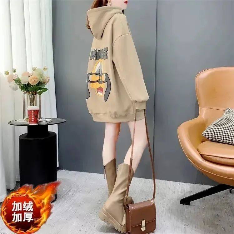 特大码300斤秋冬加绒加厚中长款连帽卫衣裙胖mm卡通遮臀连衣裙子