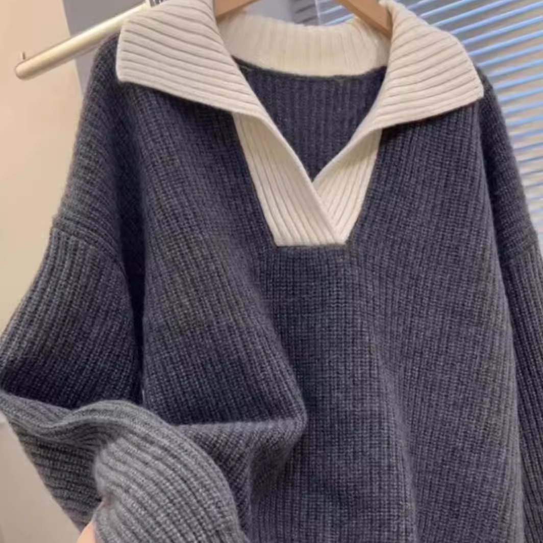 大码女装300斤秋冬气质翻领撞色毛衣韩版宽松遮肉显瘦针织上衣潮