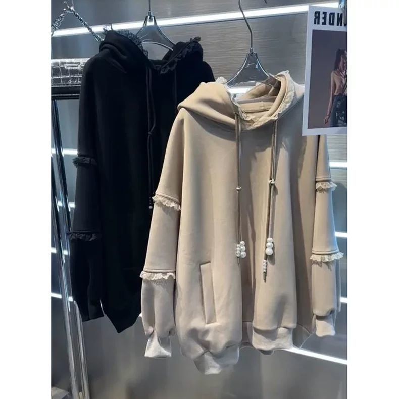 大码300斤韩版宽松慵懒风连帽卫衣女胖MM设计感百搭遮肉打底上衣