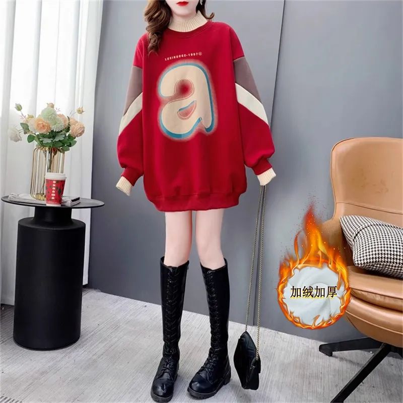 特大码300斤时尚潮流半高领中长款卫衣女胖MM秋冬加绒加厚连衣裙