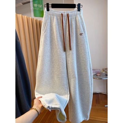 特大码300斤撞色加绒保暖弯刀卫裤男女款秋冬宽松刺绣束脚长裤子