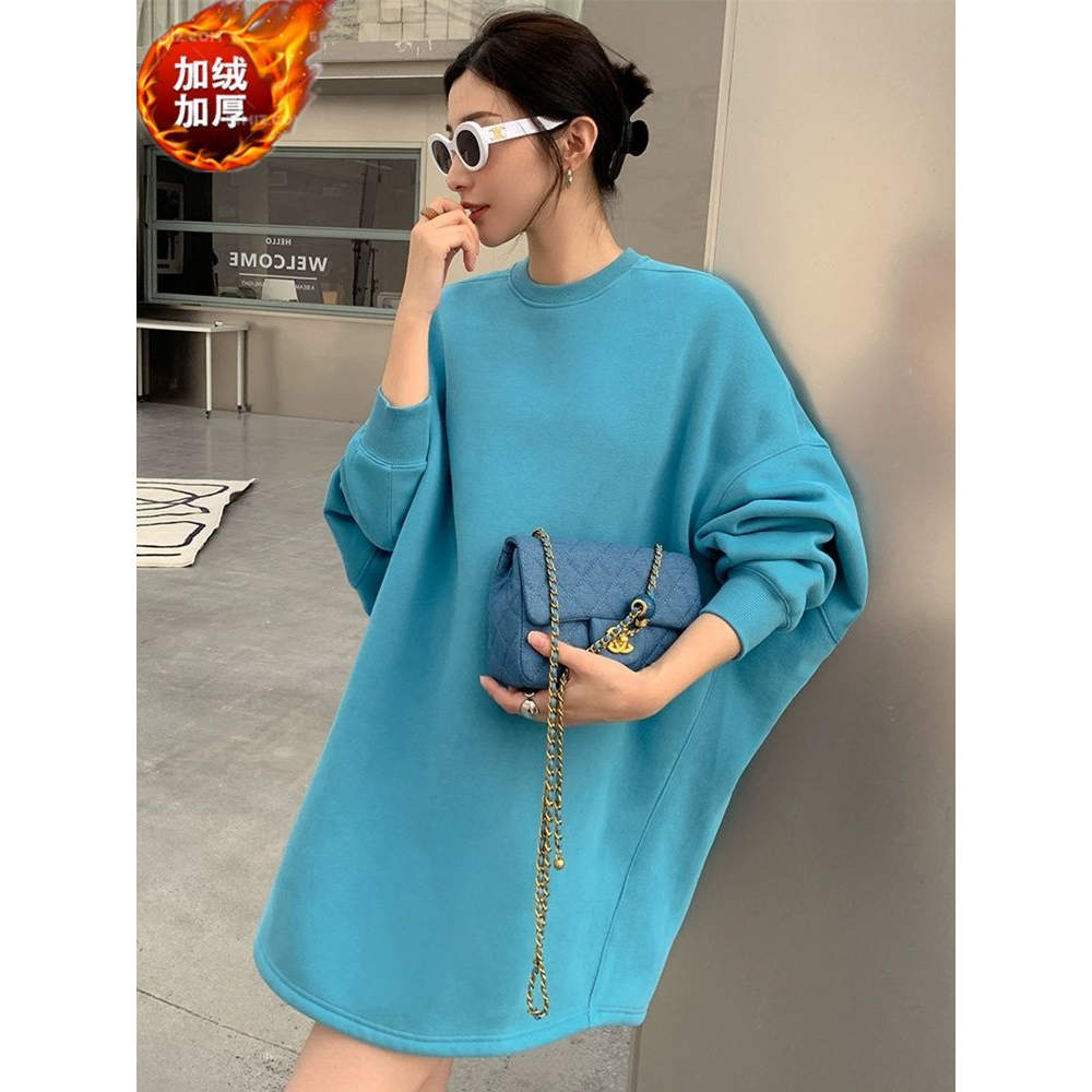 特大码300斤慵懒风中长款遮臀卫衣裙胖MM秋冬加绒纯色圆领连衣裙