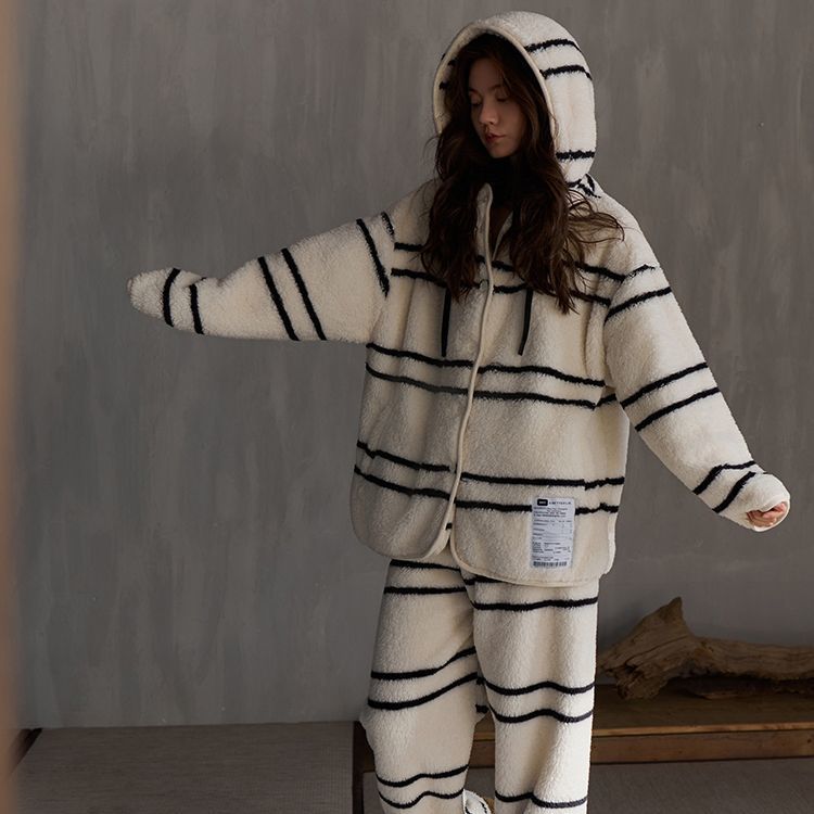 大码300斤条纹家居服两件套装男女款秋冬珊瑚绒睡衣连帽外套睡裤