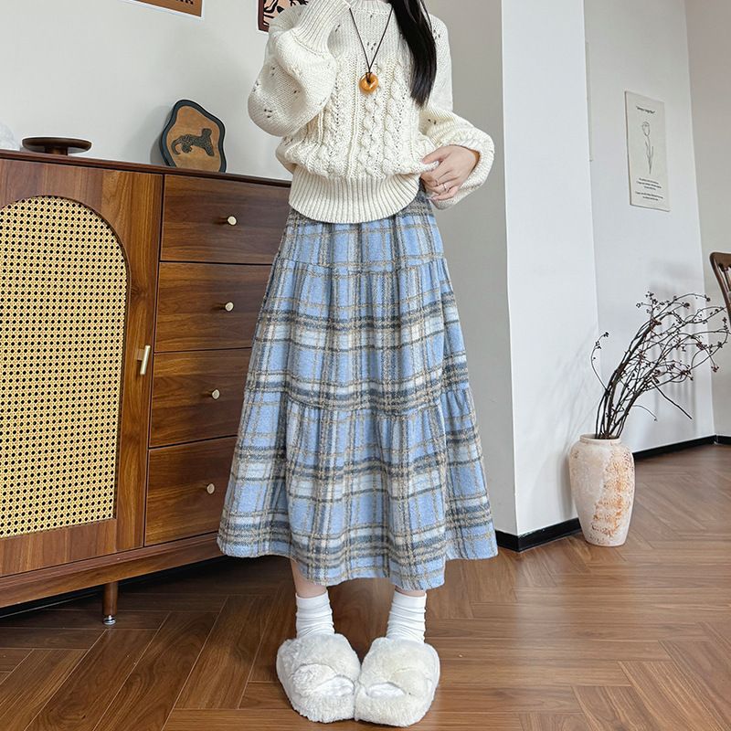 胖mm大码300斤学院风高腰格子半身裙女秋冬宽松巨显瘦a字长裙子潮
